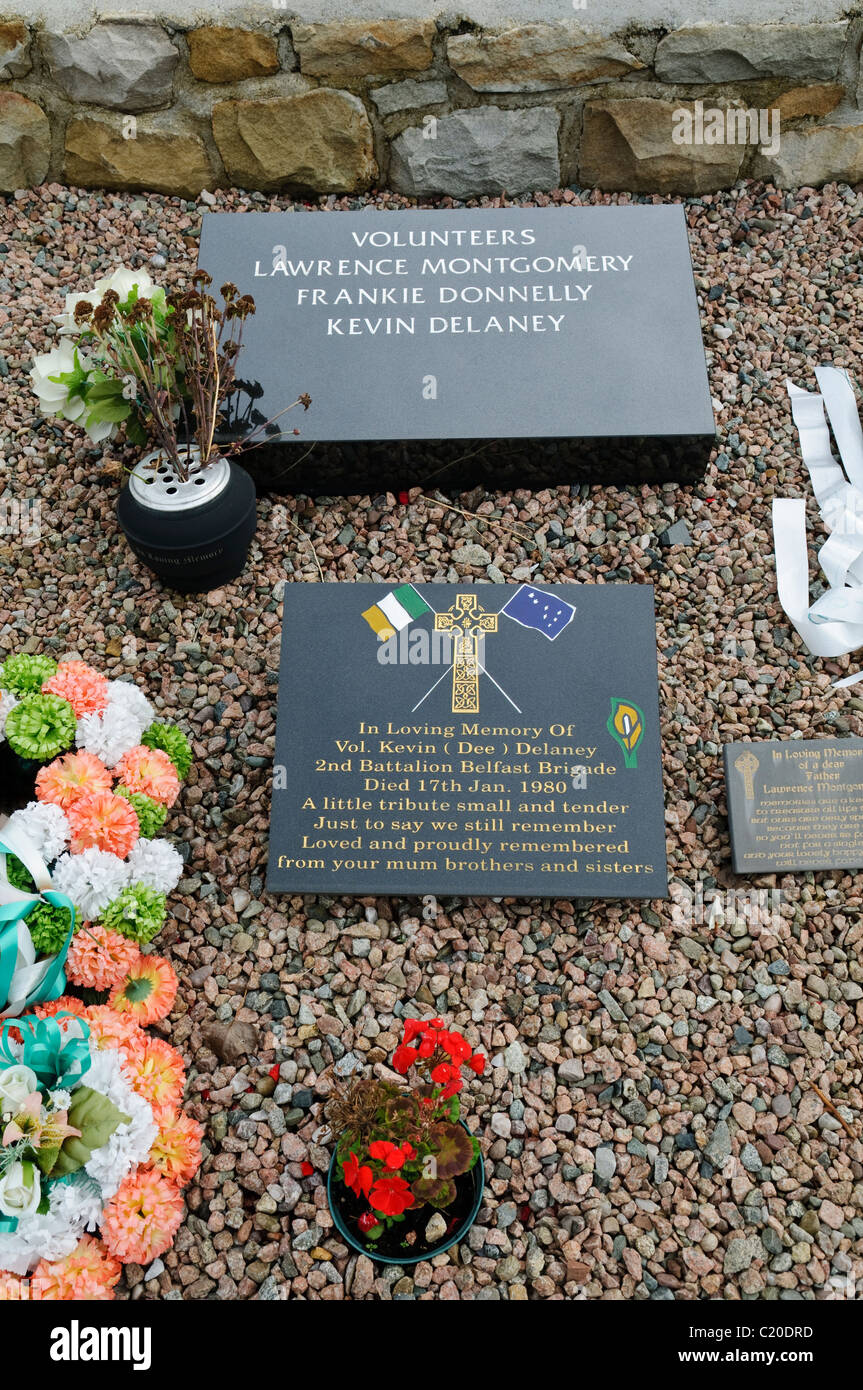 Lawrence Montgomery, Kevin Delaney, Frankie Donnelly buried at the Republican Plot in Milltown Cemetery, Belfast, Northern Ireland Stock Photo