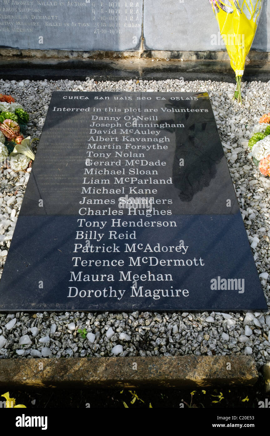 Names of 18 IRA volunteers buried in the County Antrim Republican Plot in Milltown Cemetery, Belfast, Northern Ireland. Stock Photo