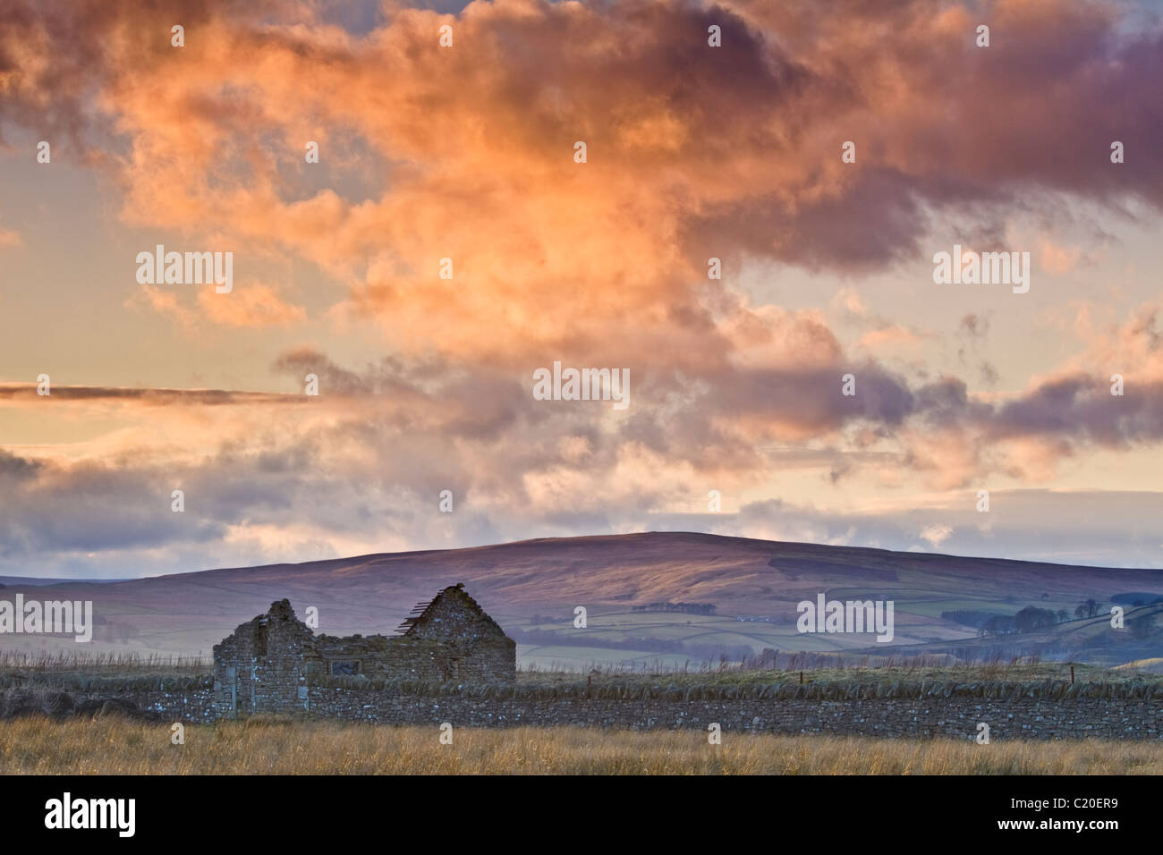 Sunset light over the hils of Weardale near the town of Stanhope, County Durham Stock Photo