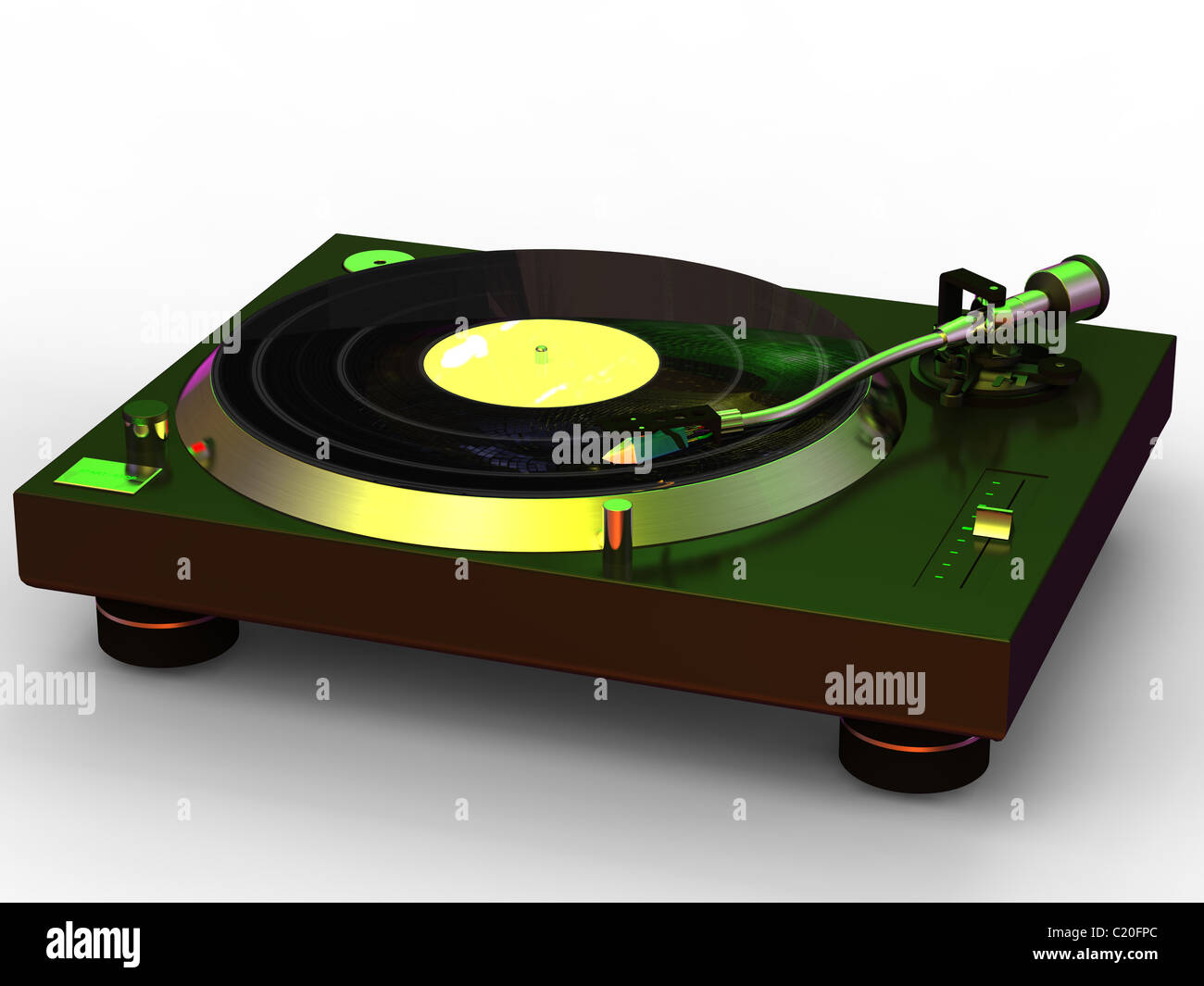 3D rendering of turntable with disco light reflection on record Stock Photo