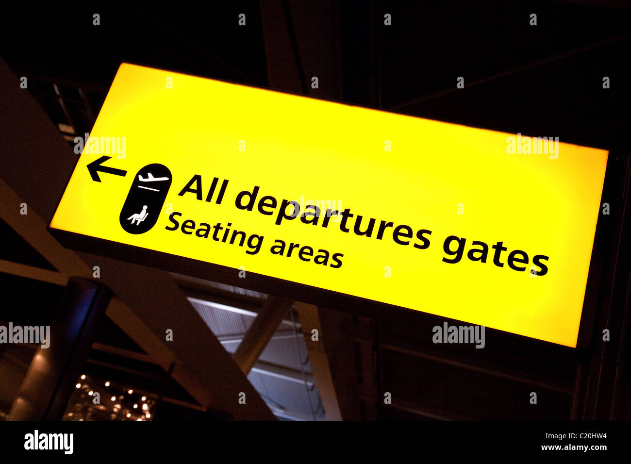 Sign to All departures gates, terminal 5, Heathrow airport, London UK Stock Photo