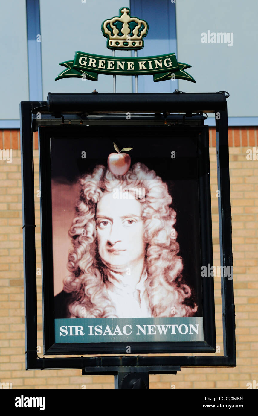 The Sir Isaac Newton Pub Sign, Castle Street, Cambridge, England, UK Stock Photo