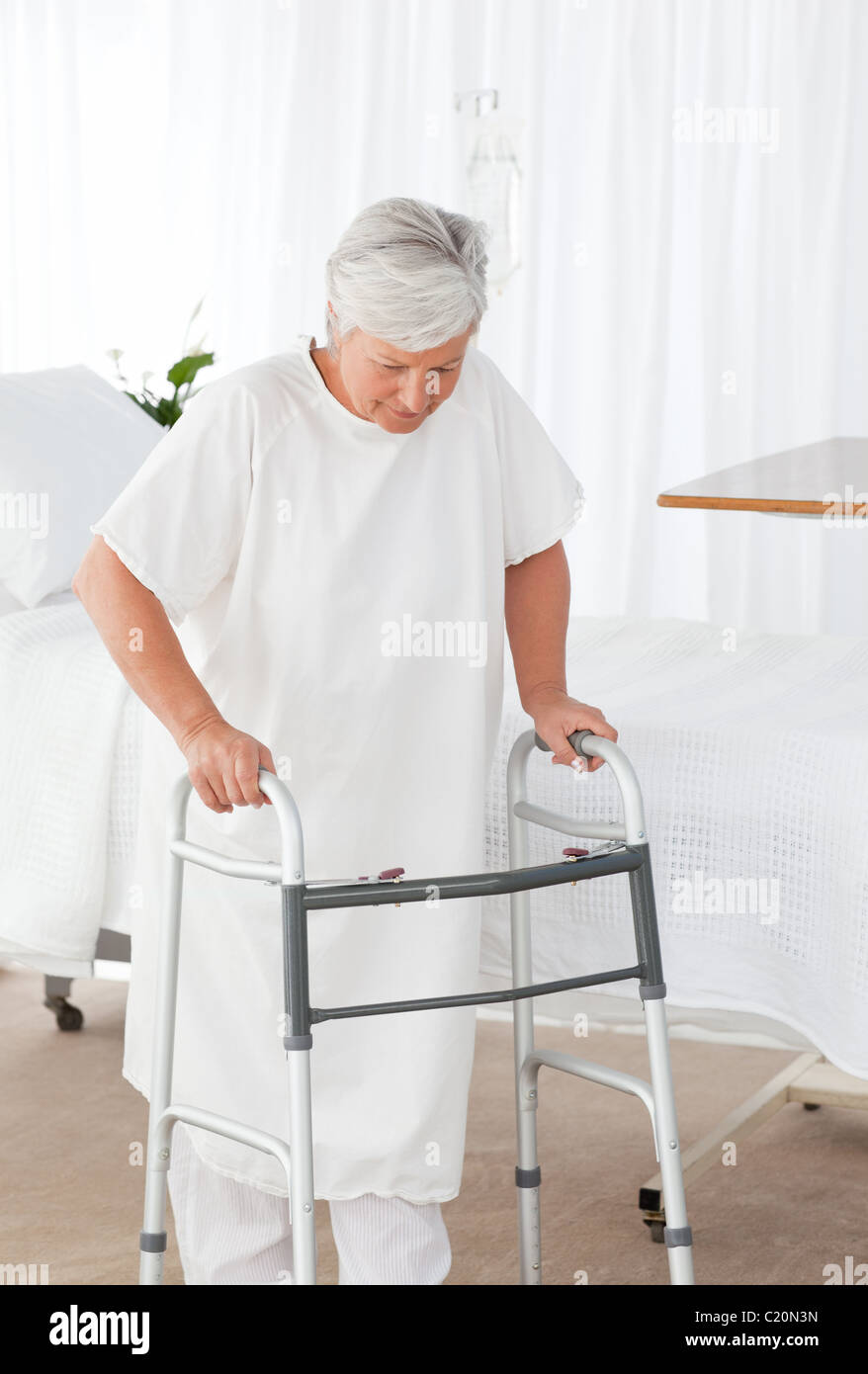 Senior woman with her zimmer frame Stock Photo
