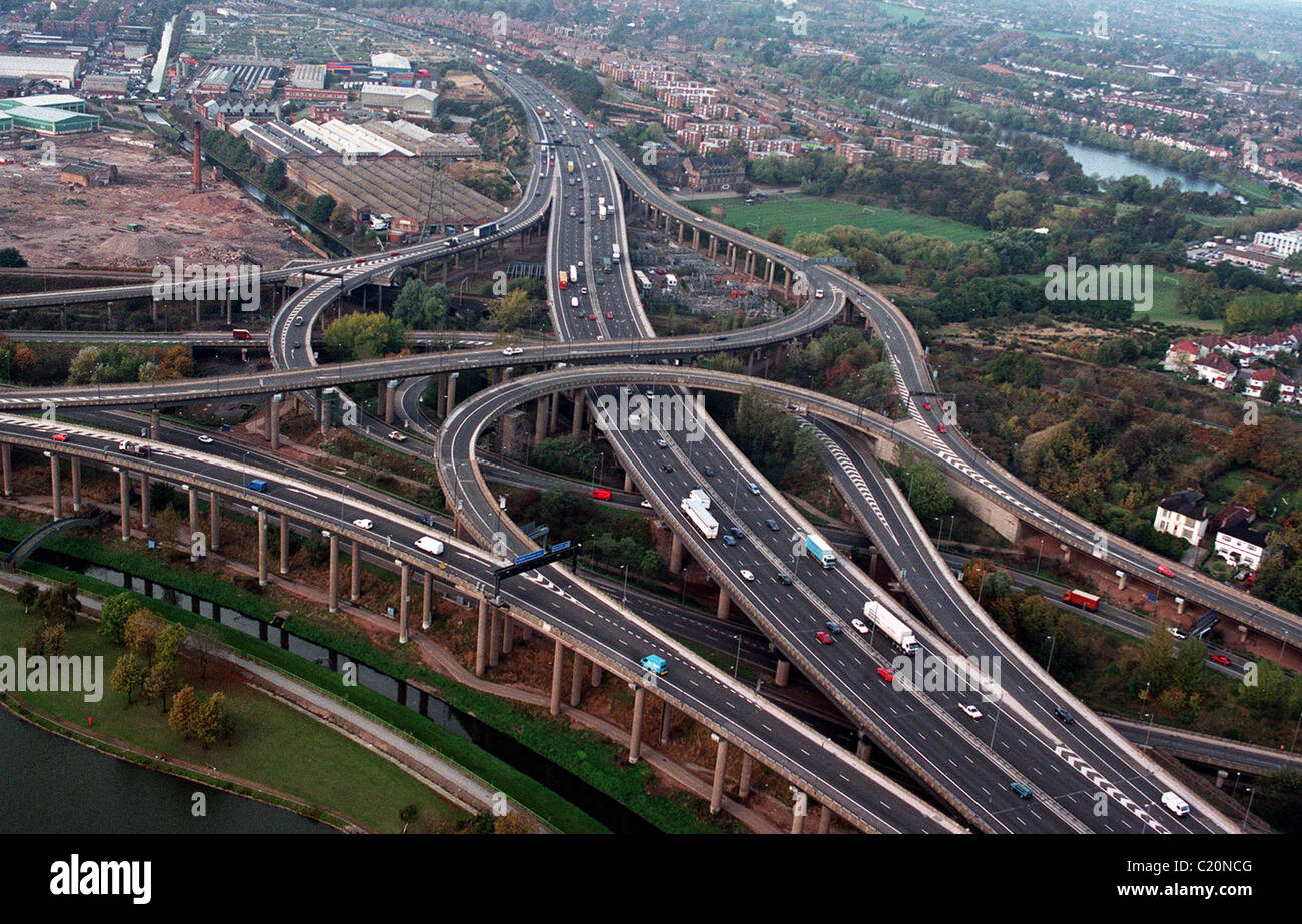 Spaghetti Junction of the M6 at Birmingham looking northwards in 1996