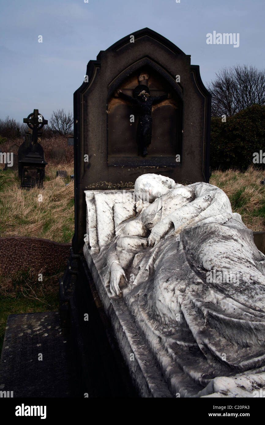 Grave with statue of woman sleeping, Undercliffe Cemetery, Bradford