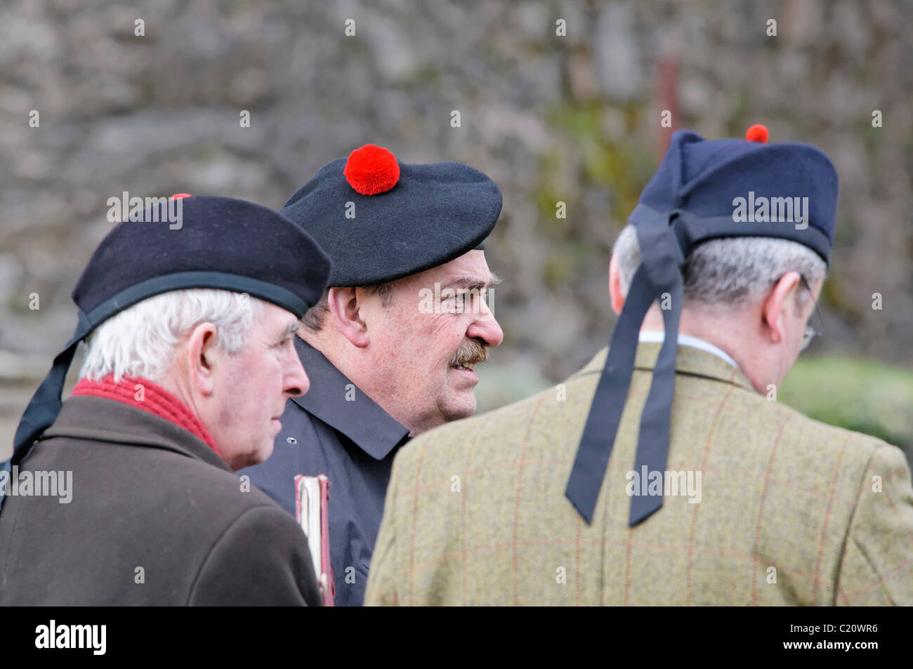 Pipes and drums band judges consulting at a competition, Stirling Castle, Scotland, UK. Stock Photo