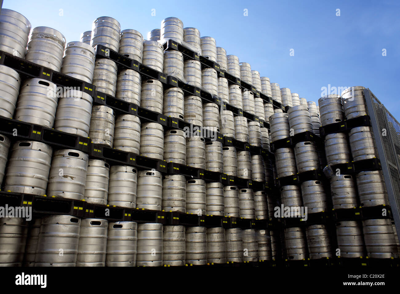 Stack of aluminium beer barrels, kegs, barrel, keg, stacks, aluminium