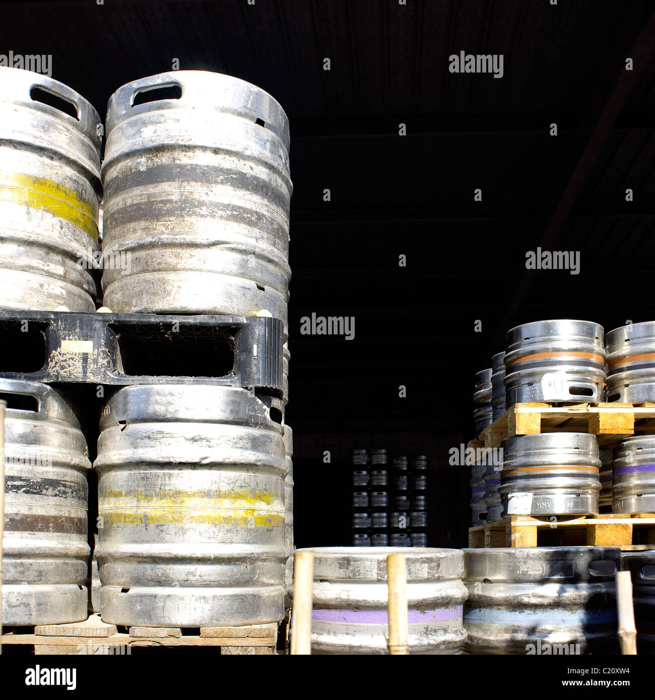 Stack of aluminium beer barrels, kegs, barrel, keg, stacks, aluminum Stock Photo
