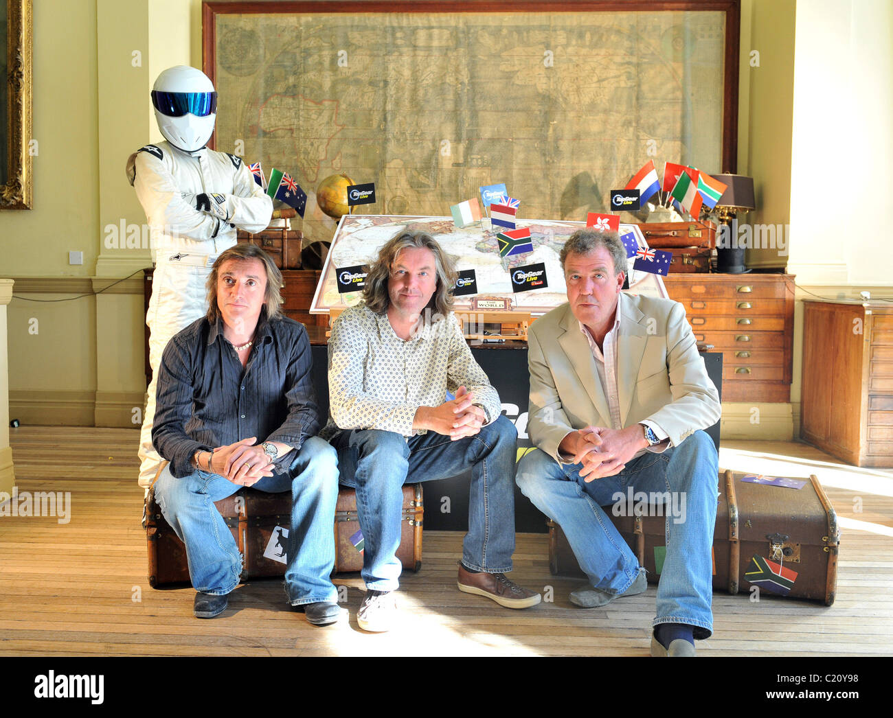Clarkson, James May, Richard Hammond and Stig Top Gear Live launch photocall held at the Geographical Society Stock Photo - Alamy