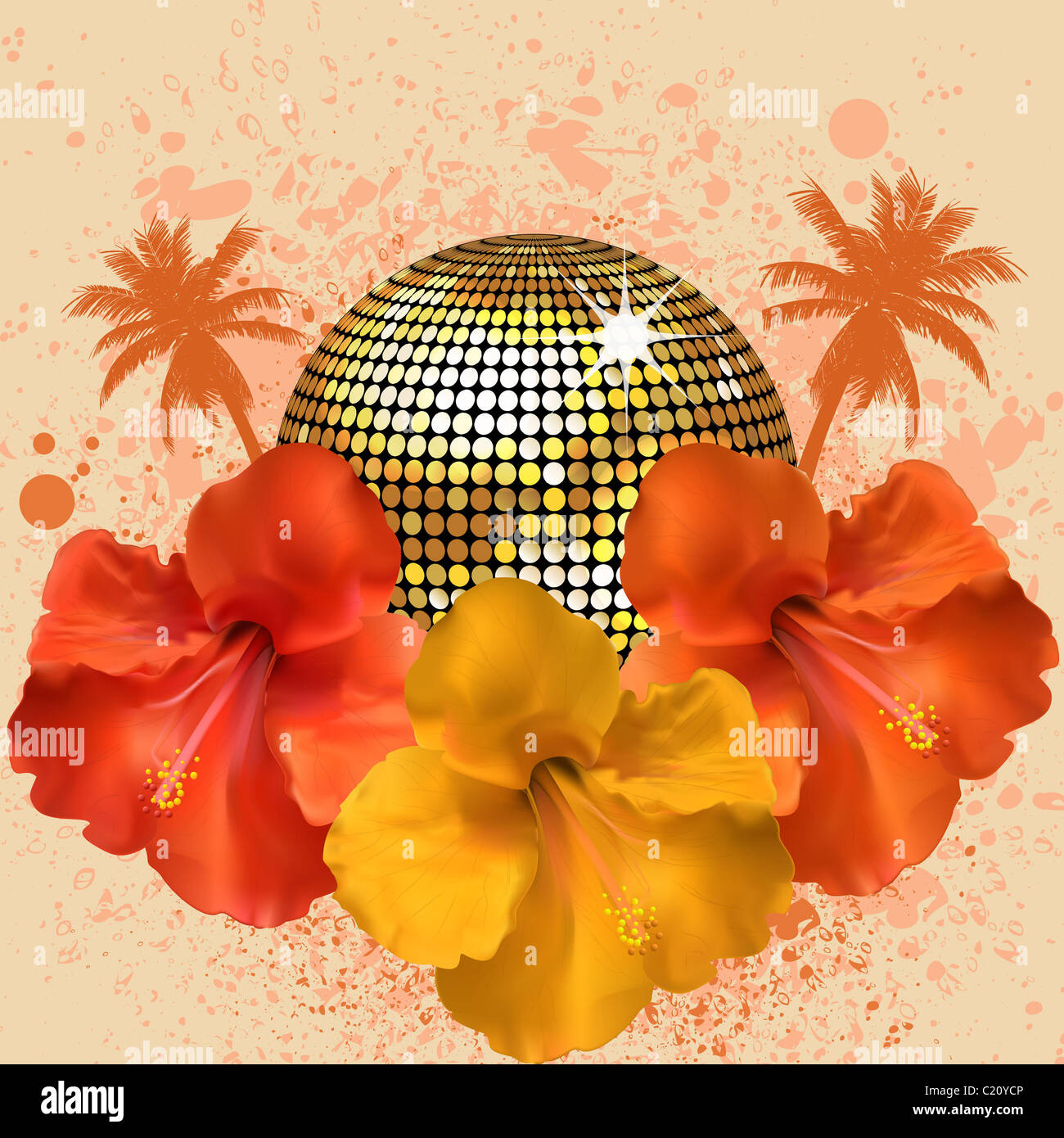 Sparkling gold disco ball with detailed hibiscus flowers, plam trees and grunge Stock Photo Alamy