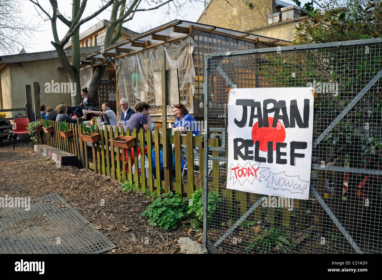 Japan Relief notice in front of cafe at Hackney City Farm London England UK Stock Photo