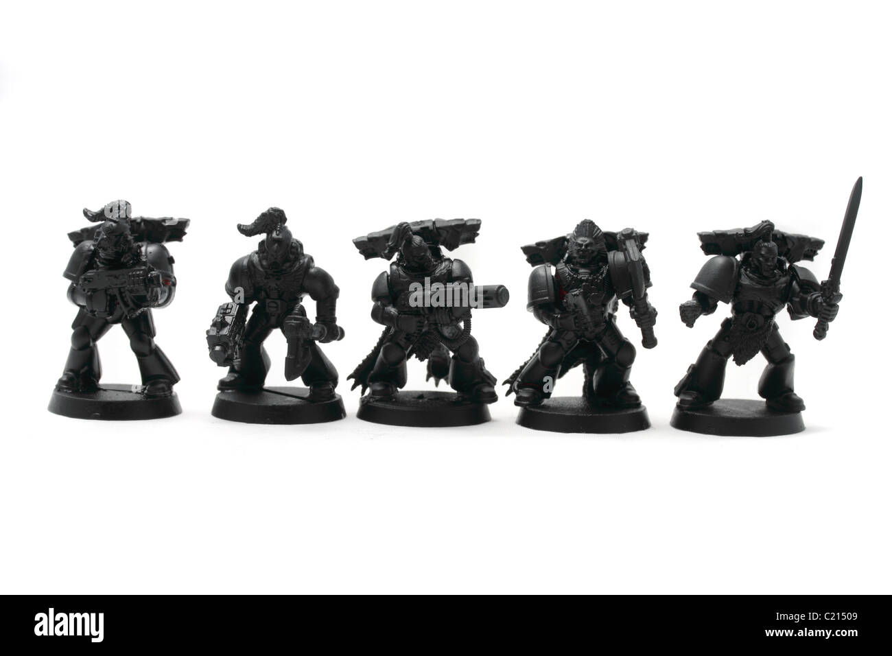 Space Wolves pack, 5 figures, armed mix of bolt guns, bolt pistols power hand weapons and one larger weapon possibly a plasma rifle - undercoated. Plastic figures, Games Workshop, Warhammer 40K Stock Photo