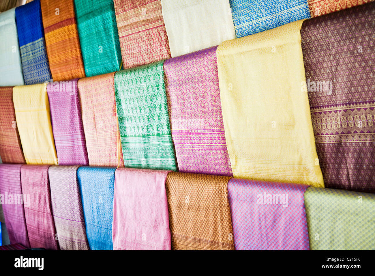 Silk fabric at the silk weaving village of Ban Tha Sawang. Surin, Surin, Thailand Stock Photo