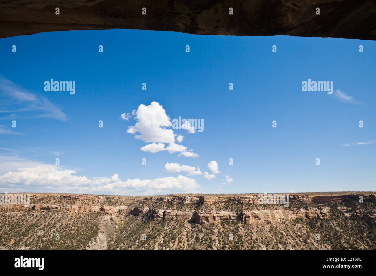 A view of the landscape looking out away from balcony House in Mesa verde National Park, Colorado, USA. Stock Photo