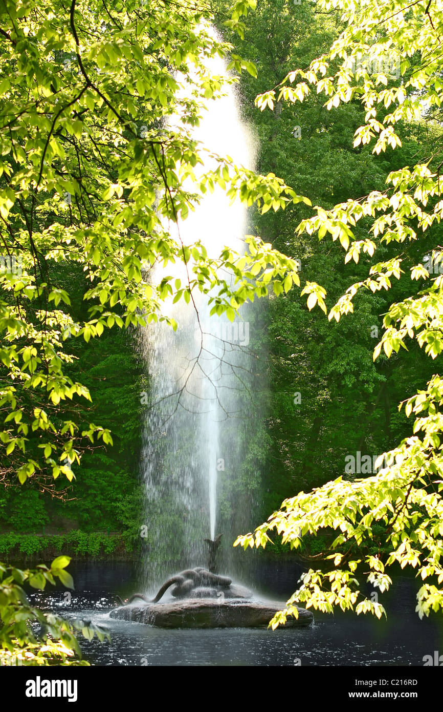 fountain with highly rising stream in surroundings trees Stock Photo ...