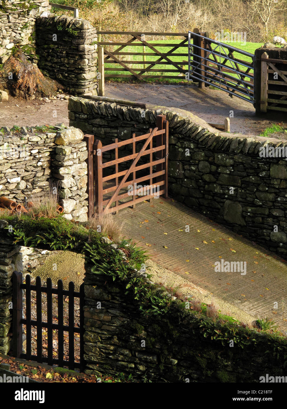 Farm gates and stone walls, Townend, Lake District, Cumbria, England, UK Stock Photo