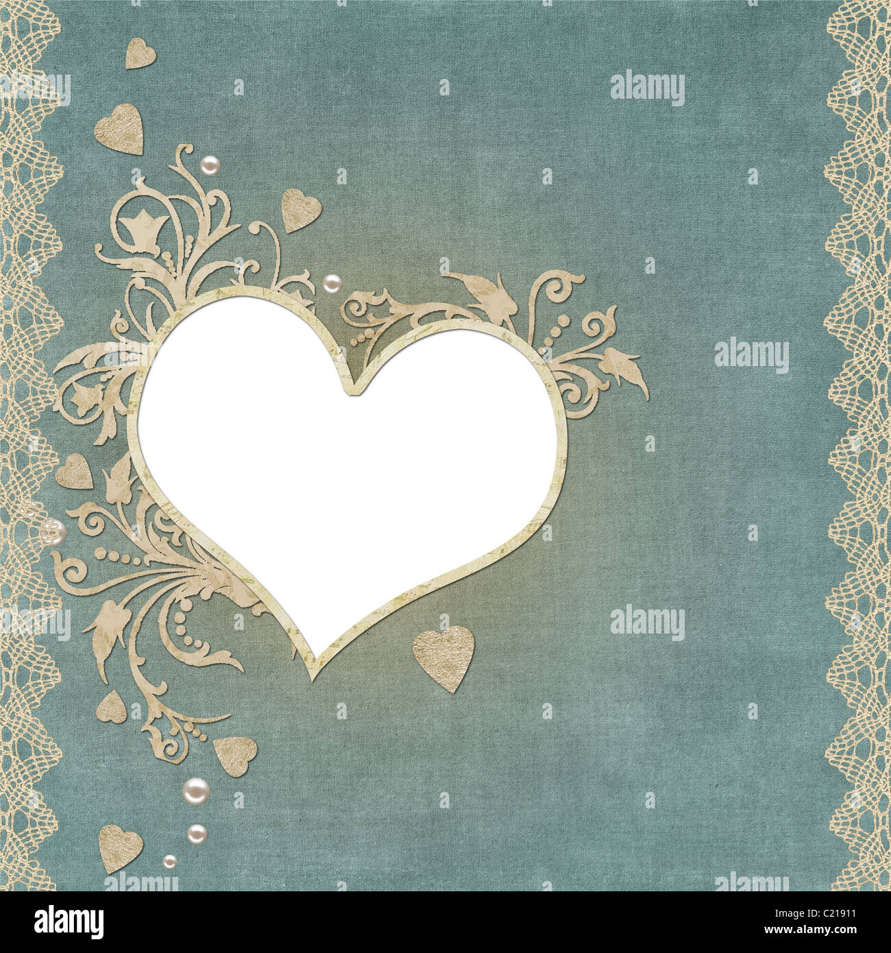 vintage paper hearts frame with pearls and lace Stock Photo