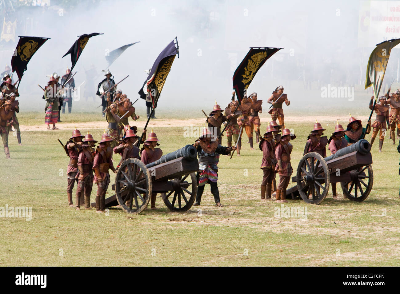 Ancient war re-enactment during the annual Surin Elephant Roundup festival.  Surin, Surin, Thailand Stock Photo