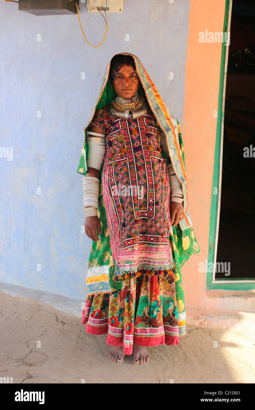A woman from Kutch, Gujarat, India wearing ethnic dress and ornaments, Stock Photo