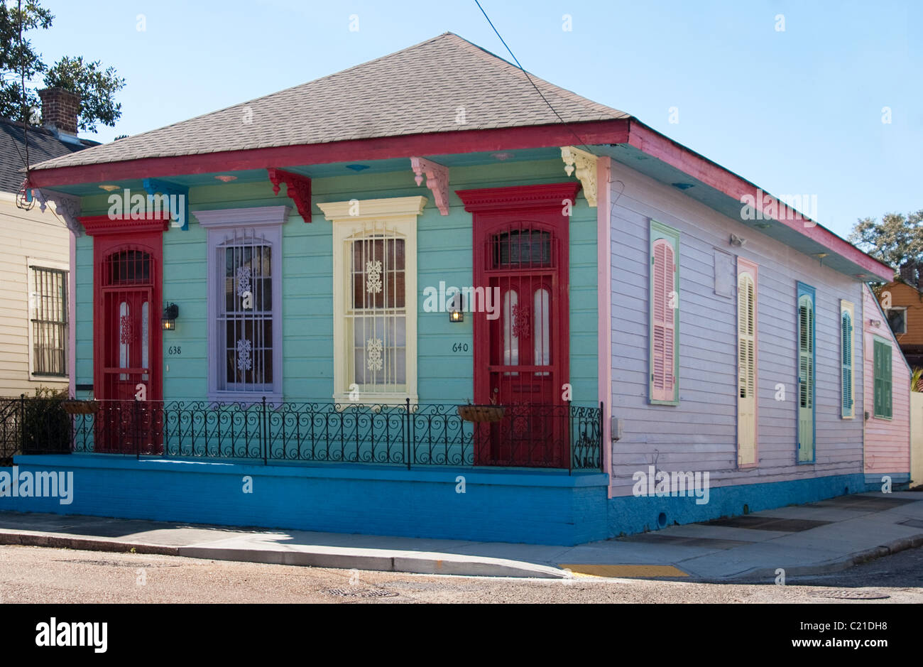 Colorful double-shotgun cottage in the Bywater/Marigny neighborhood of New Orleans. Stock Photo