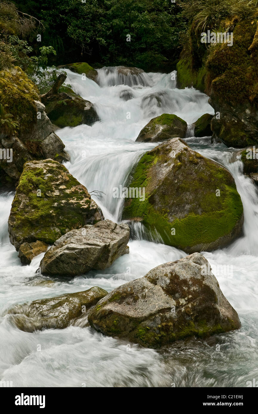 waterfall near Lake Marian, New Zealand, South Island Stock Photo