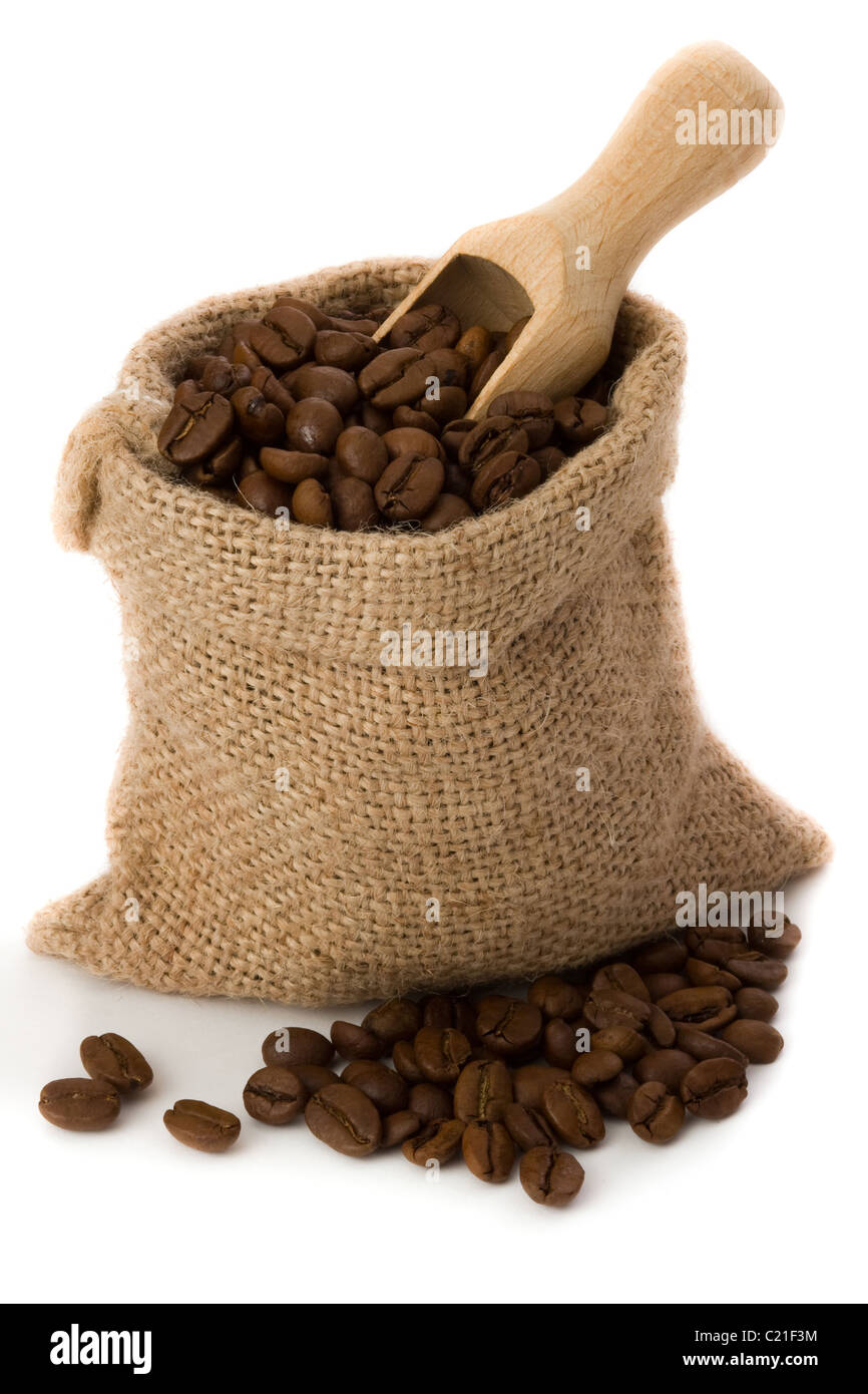 Coffee beans in burlap sack Stock Photo