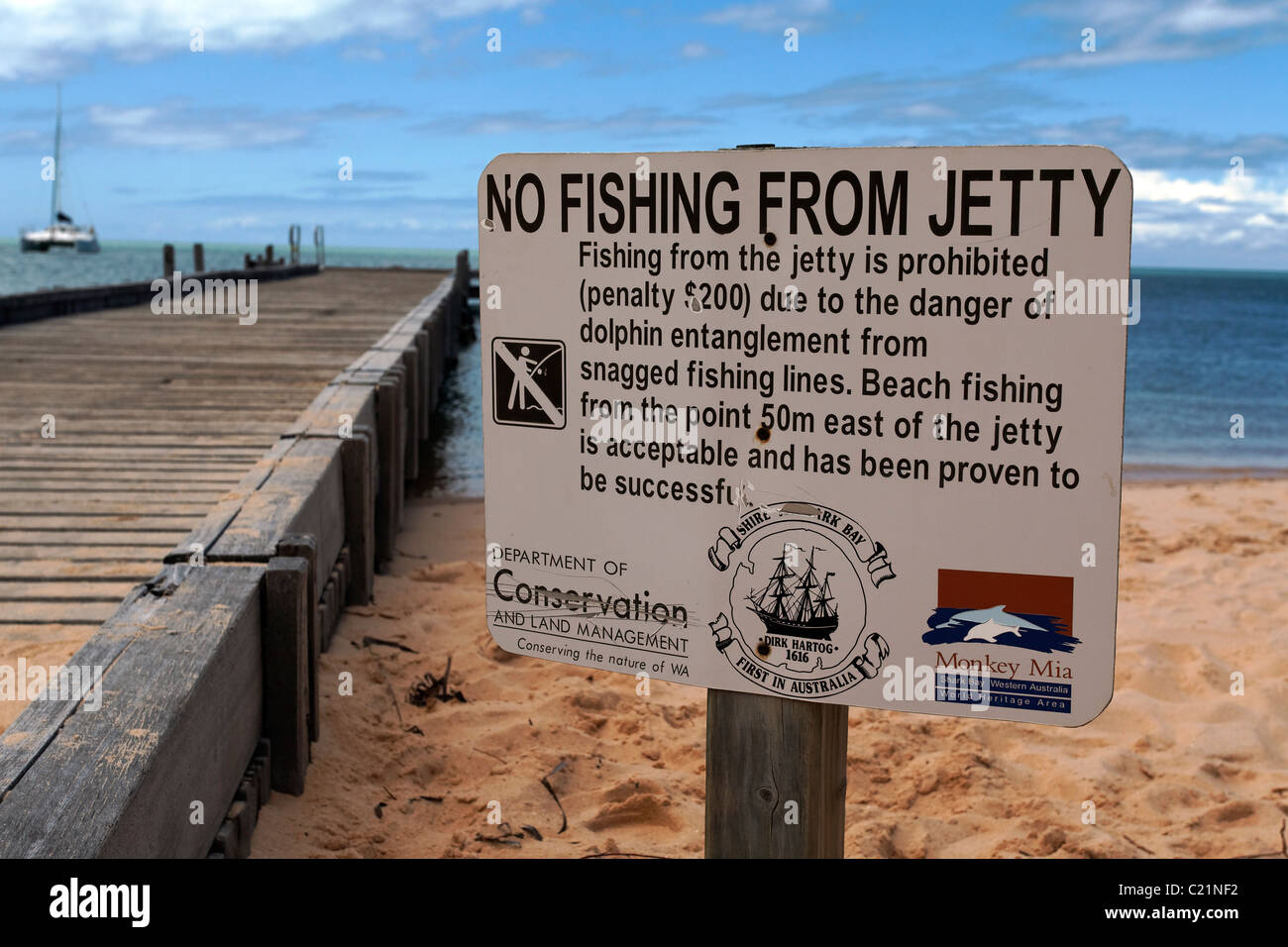 No Fishing from Jetty Sign, Monkey Mia Shark Bay Western Australia Stock Photo