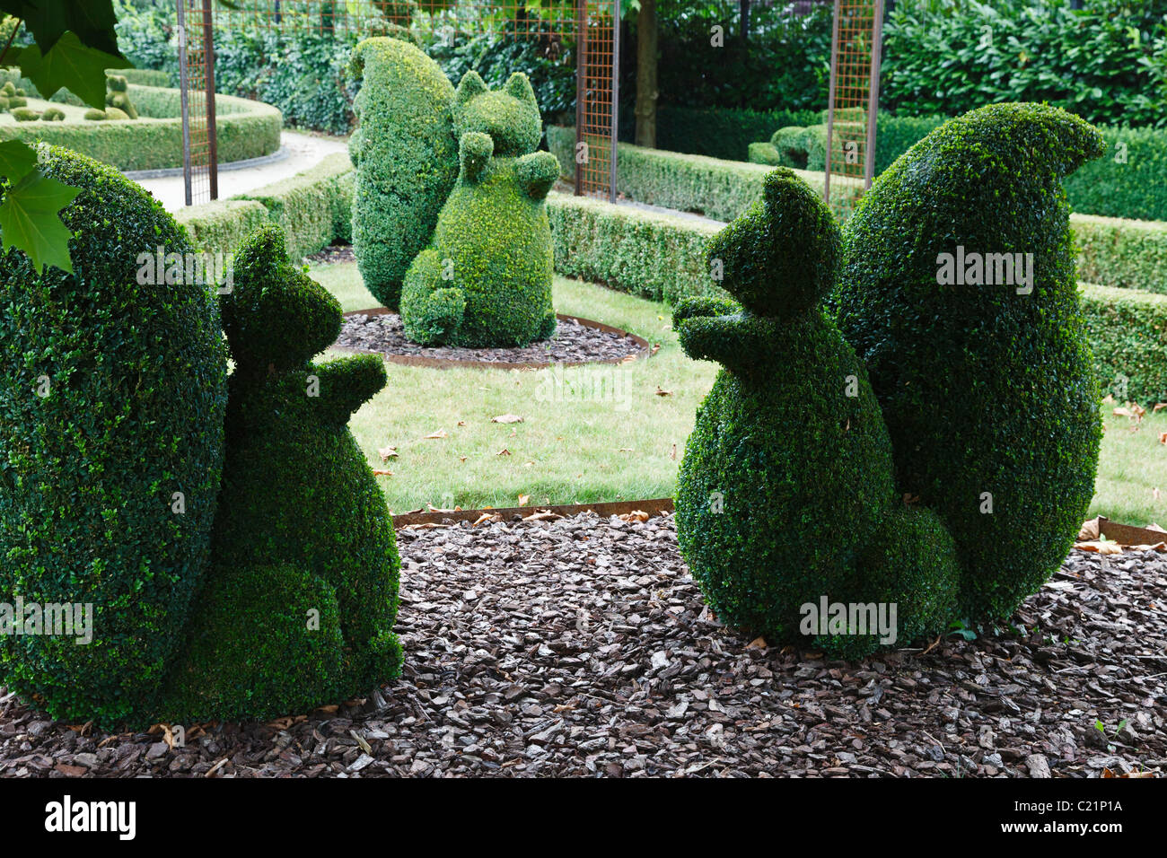 Topiary squirrels in the Parc des Topiares, Durbuy, Luxembourg, Wallonia, Belgium Stock Photo