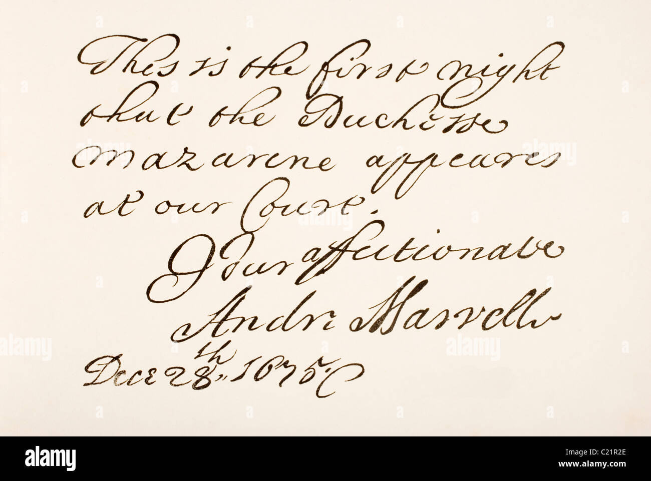 Andrew Marvell, 1621 – 1678. English metaphysical poet Hand writing sample. Stock Photo