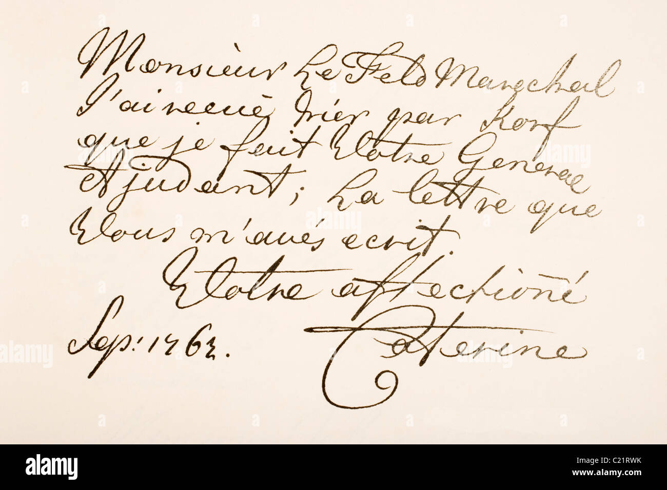 Empress Catherine II of Russia, known as Catherine the Great, 1729 - 1796. Hand writing sample. Stock Photo