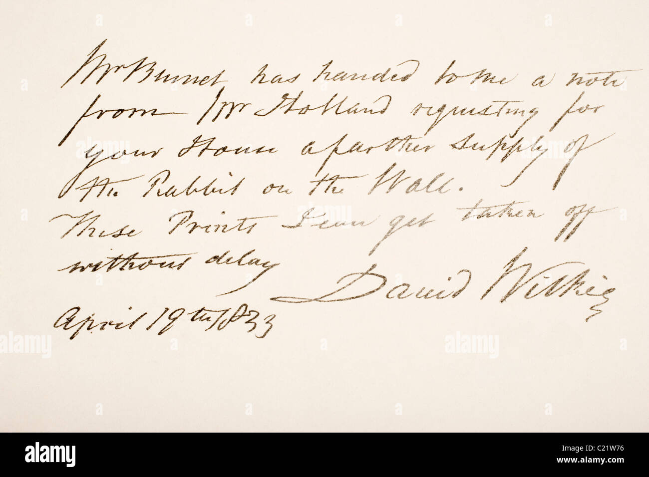 Sir David Wilkie, 1785 – 1841. Scottish painter Hand writing sample. Stock Photo