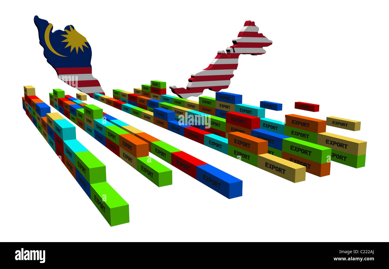 Malaysia map with stacks of export containers illustration Stock Photo