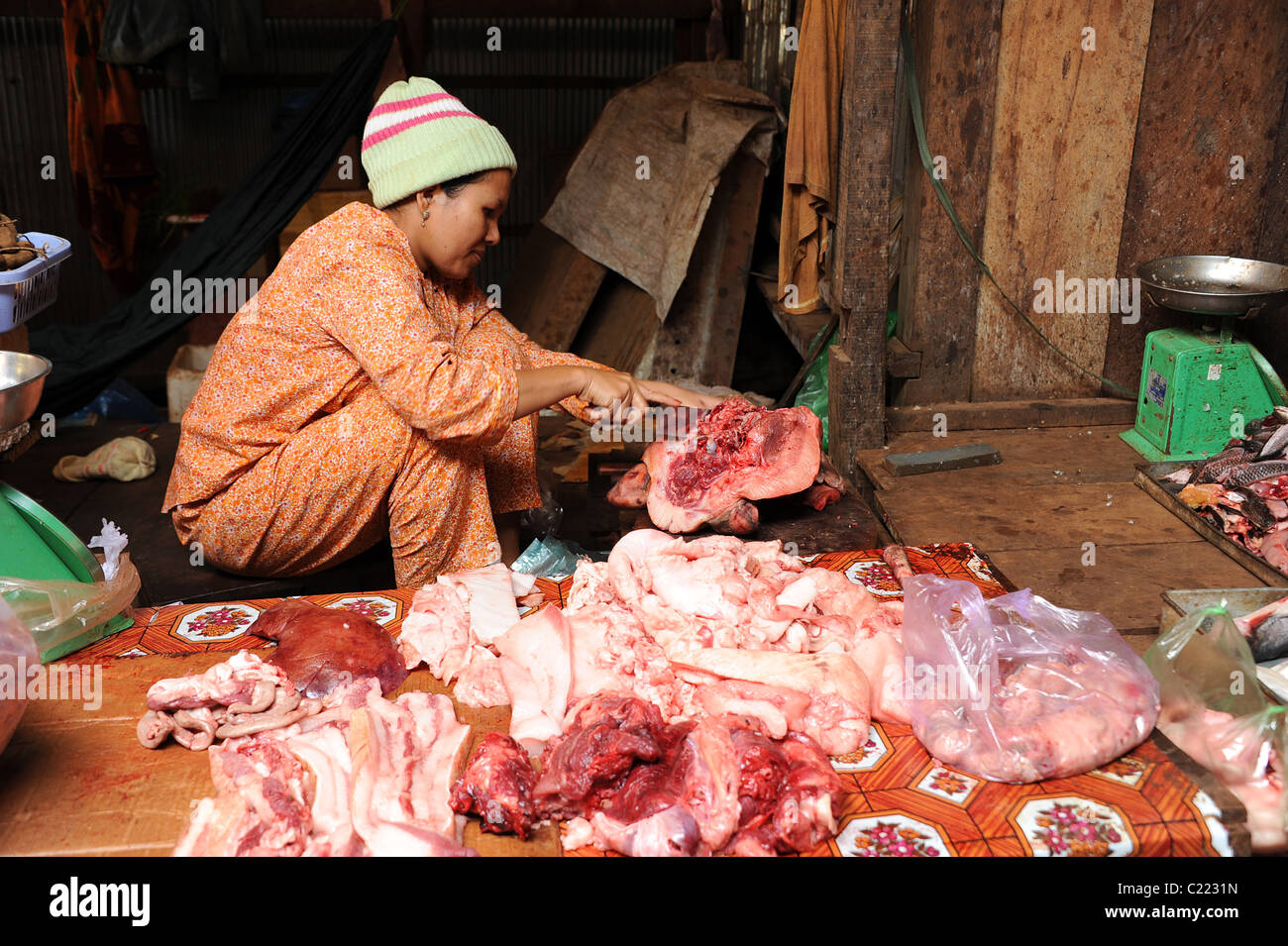 Meat stall in Sen Monorom market, Mondulkiri,  Cambodia Stock Photo