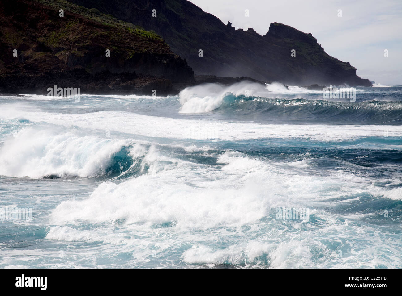 big waves crashing in on a beach in La Palma Canary Islands Stock Photo