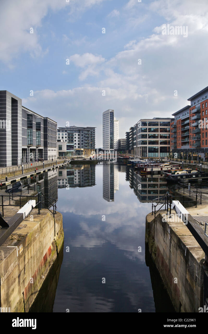 Clarance Dock Leeds showing the offices and restaurants around the dock