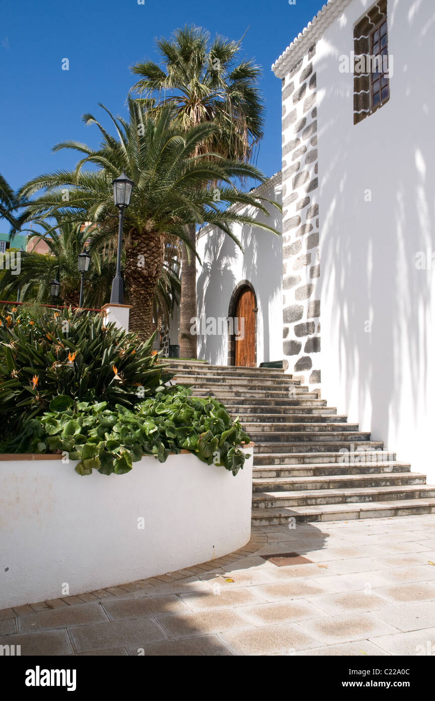 Church steps of Iglesia de san andreas apostol in San Andres pretty seaside village in La Palma Canary Islands Stock Photo