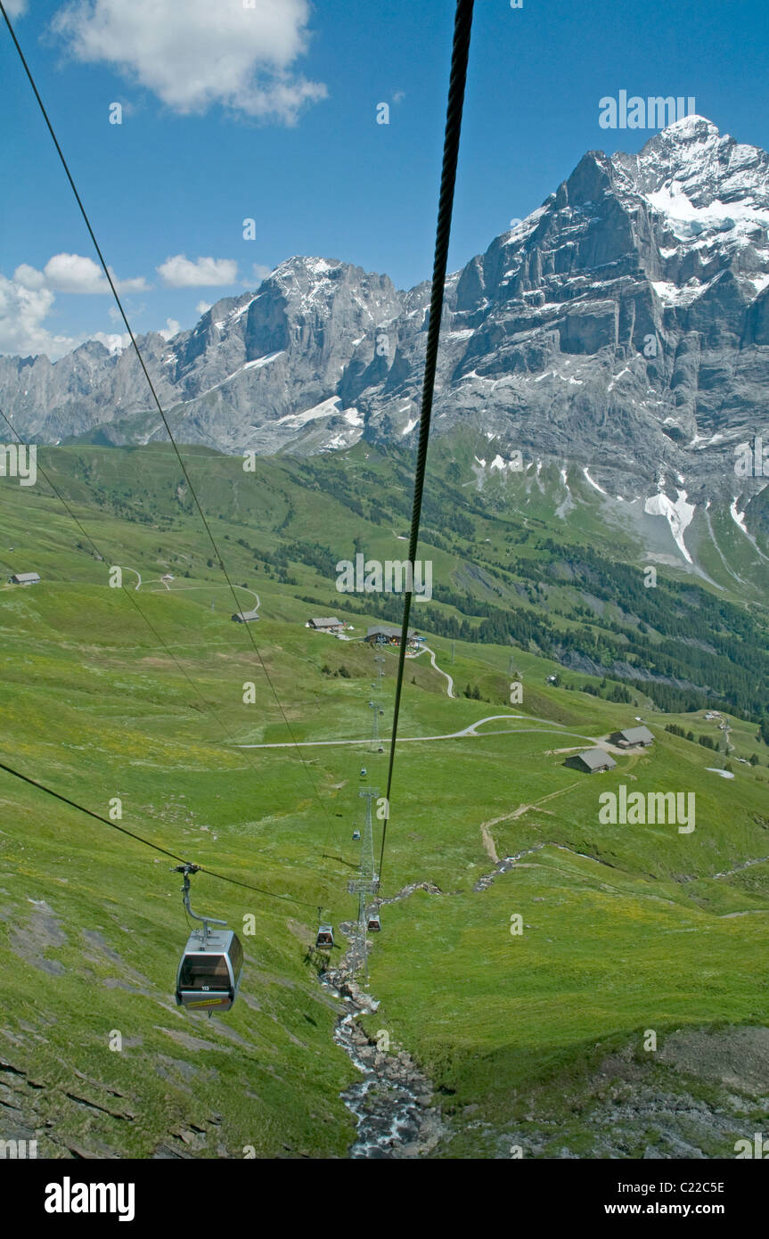 Grindelwald to First gondola transport, with the impressive Wetterhorn