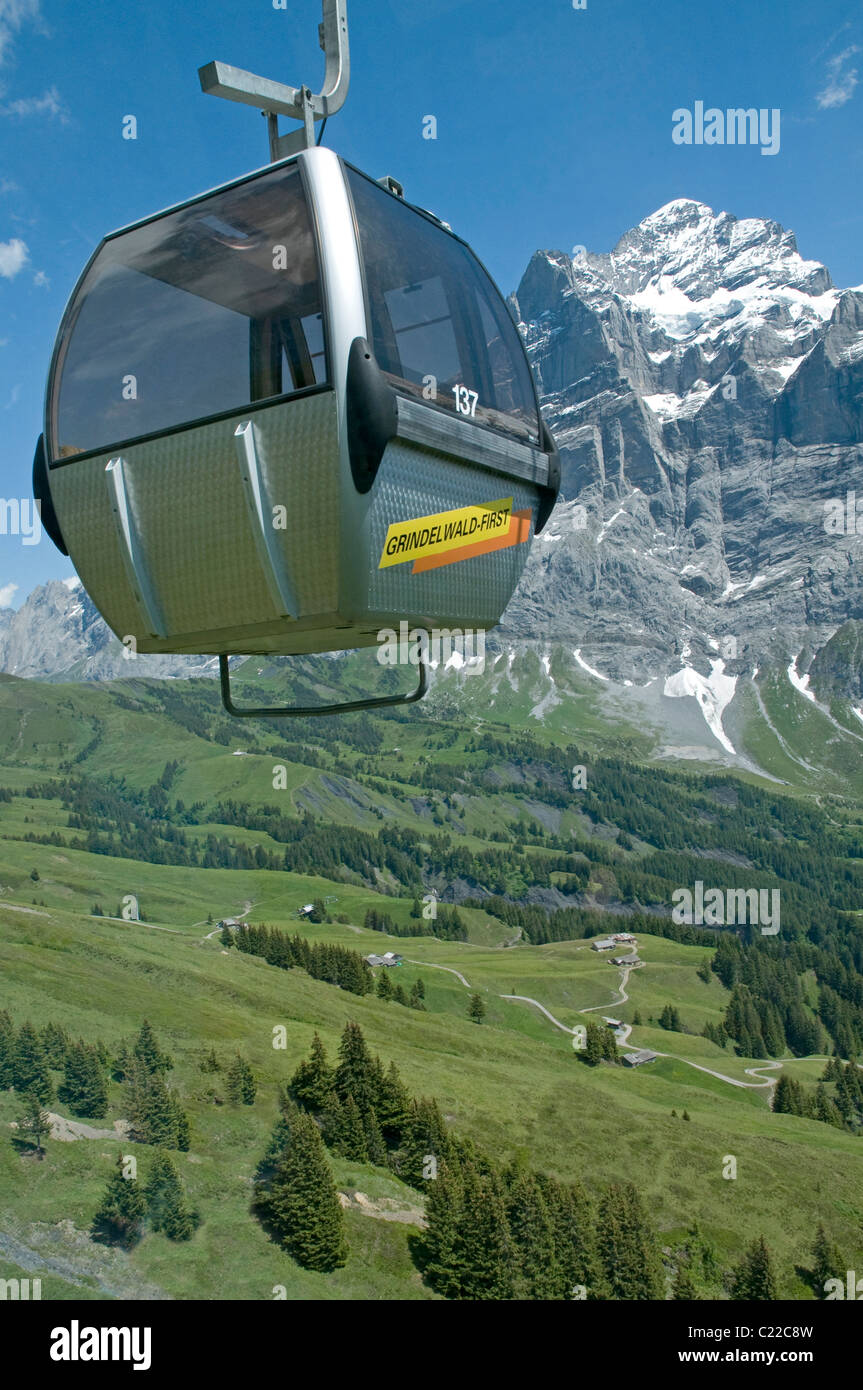 Grindelwald to First gondola transport, with the impressive Wetterhorn