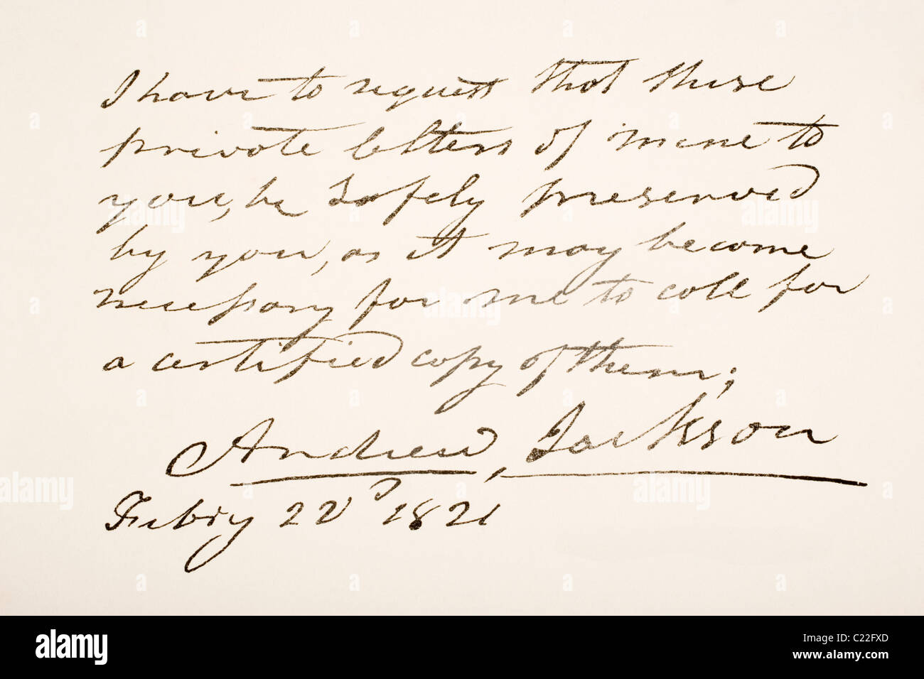 Andrew Jackson, 1767 - 1845. 7th President of the United States of America. Hand writing sample. Stock Photo