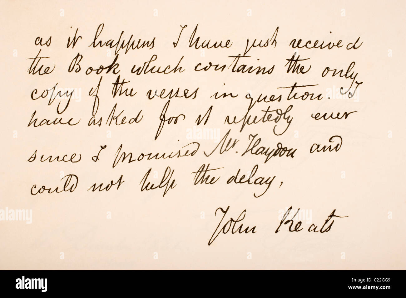 John Keats, 1795 – 1821. English Romantic poet. Hand writing sample. Stock Photo