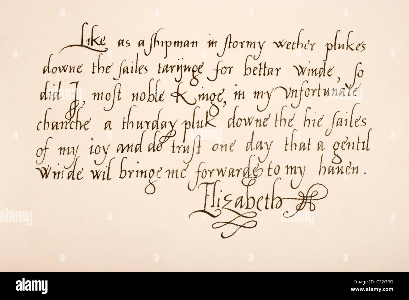Queen Elizabeth I of England, 1533 - 1603. Hand writing sample. Stock Photo
