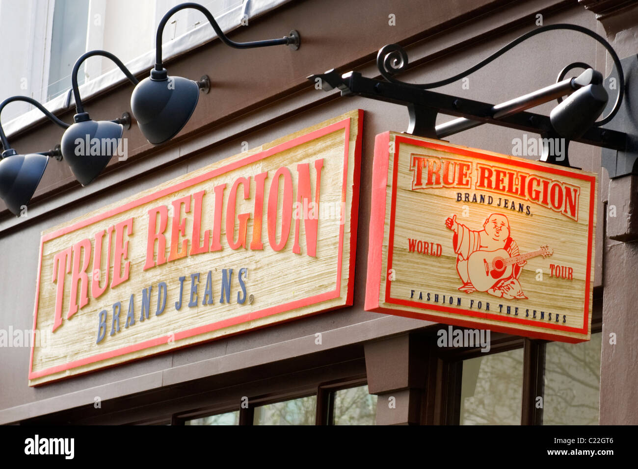 Covent Gardens , True Religion brand jeans shop or store signs - Fashion for the senses Stock Photo