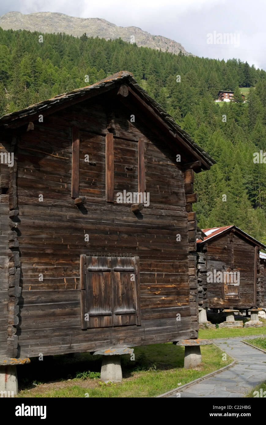 Barns in Saas Grund, Walliser Stadel, Saas Grund, Saastal, Valais, Switzwerland, Alps Stock Photo
