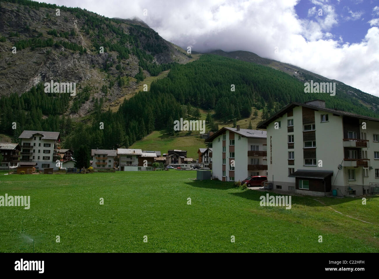 Urban landscape in Saas Grund, Saastal, Valais, Switzerland, Alps Stock Photo