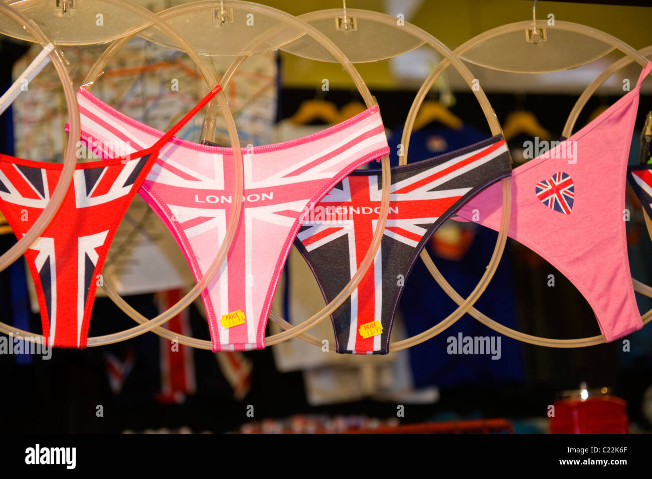 Covent Garden , souvenir stall or shop or kiosk or store selling novelty knickers or pants with London & Union Jack themes Stock Photo