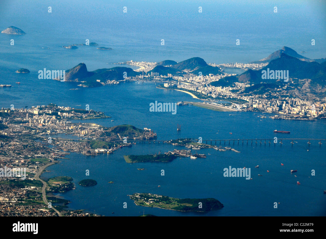 Aerial view of bridge connecting Niteroi and Rio de Janeiro, Guanabara