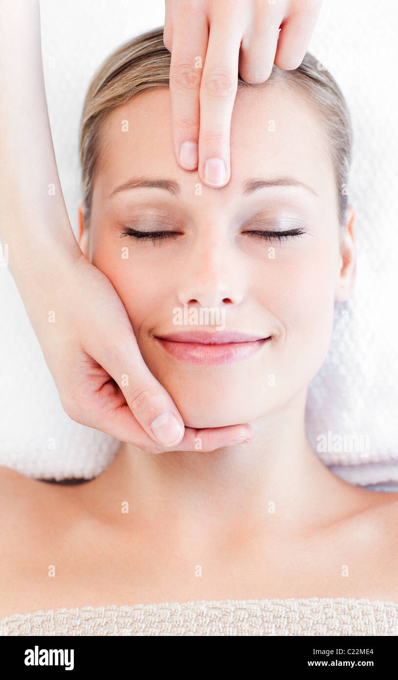 Young bright woman receiving a head massage Stock Photo Alamy