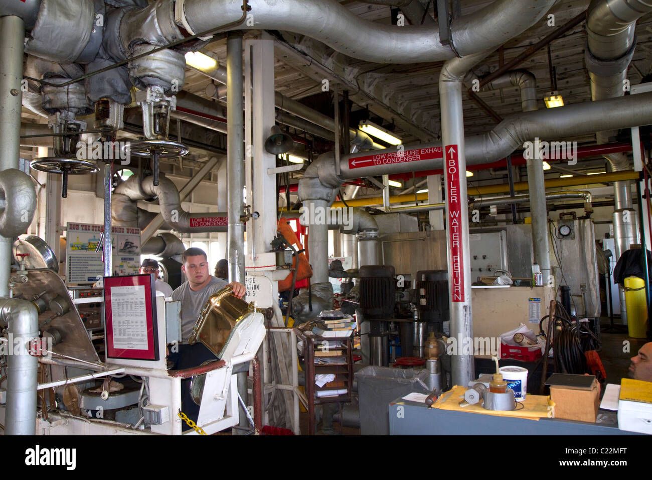 Engine room of the SS. Natchez steamboat on the Mississippi River at New Orleans, Louisiana, USA. Stock Photo