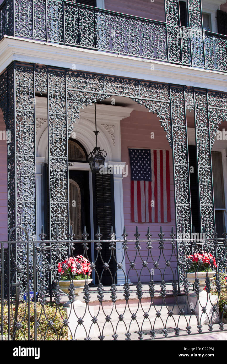 Intricate wrought iron railing and fence at Musson House in Garden District of New Orleans Stock Photo