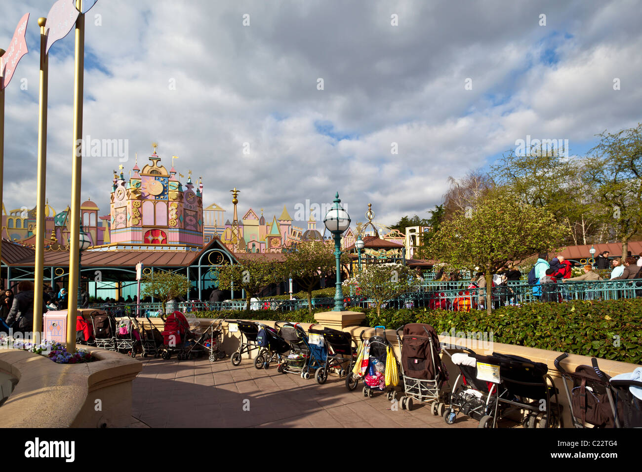 A line of strollers / baby prams outside a ride at Euro Disneyland Paris France. Charles Lupica Stock Photo